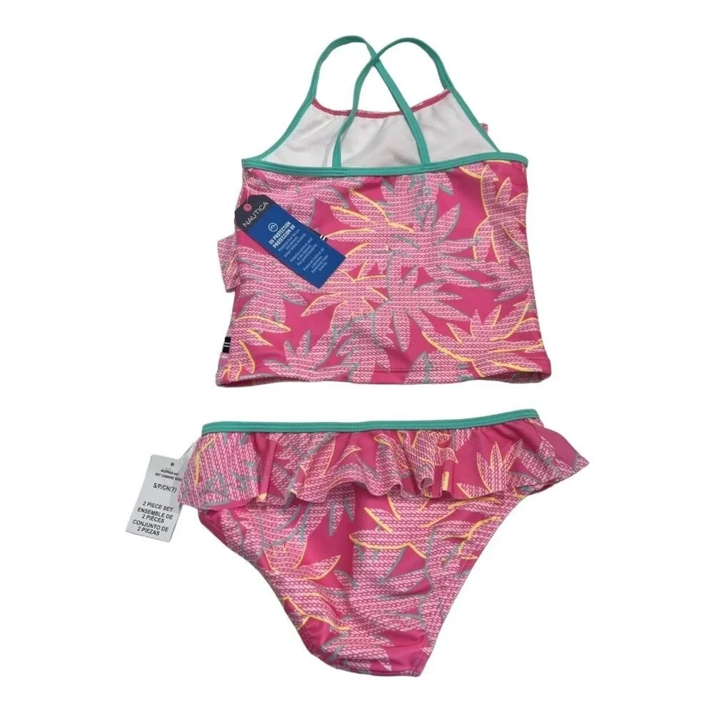 Nautica Swimsuit Pink Palm Tree Print Bikini Tank Girls 7 Vacation Tropical Pool